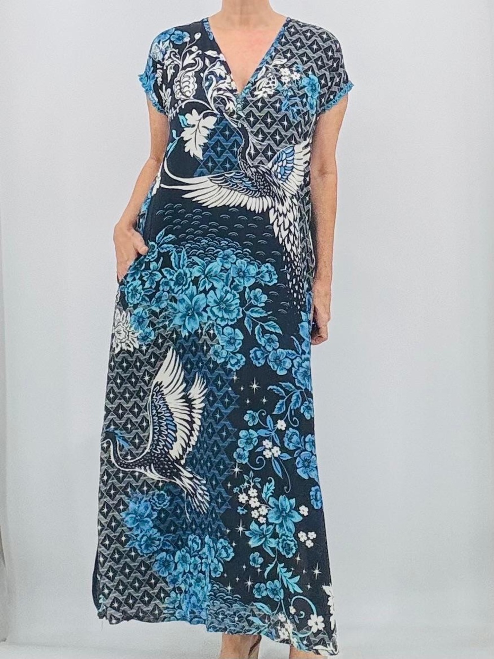 Johnny Was Phoenix Bird 100% Silk Floral Print Embroidered Eyelet Maxi Dress